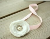 Pink Satin Flower with pearl and rhinestone jewel center on Pink Glitter headband - Baby, Toddler, Girl, Teen, Adult Headband - Pink/White