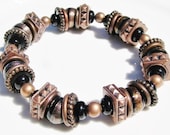 Black and Copper Bracelet, Black Stretch Bracelet, Copper Jewlelry, Lampwork Bracelet, Statement Jewlery, Handmade Beaded Bracelet