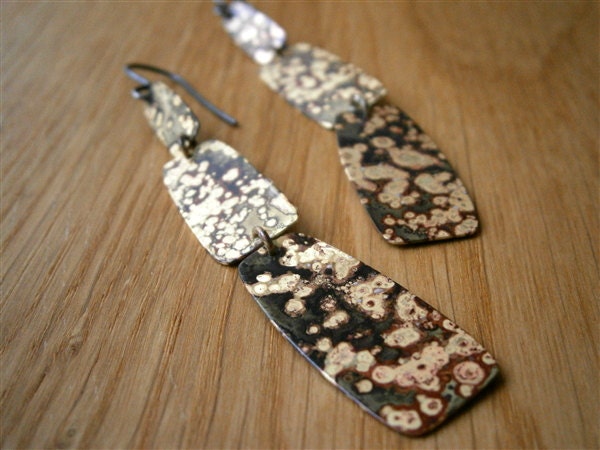 Jaguar Print - Brass Long Earrings - Modern Tribal Earrings - Mixed Metal - Handmade Metalwork