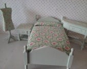 Dolls house bedroom set shabby chic style with single bed side table/ dresser bedside table painted soft green miniature furniture