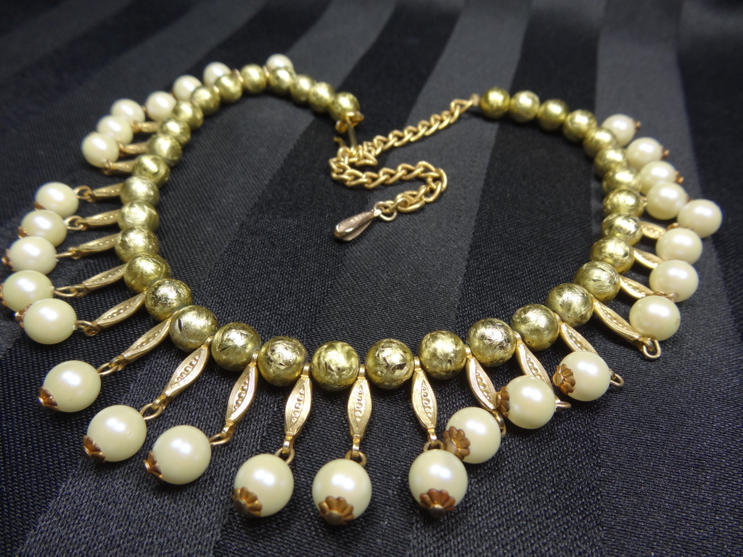 Gold Pearl Collar Bib Choker Necklace, Unique Vintage Statement Jewelry