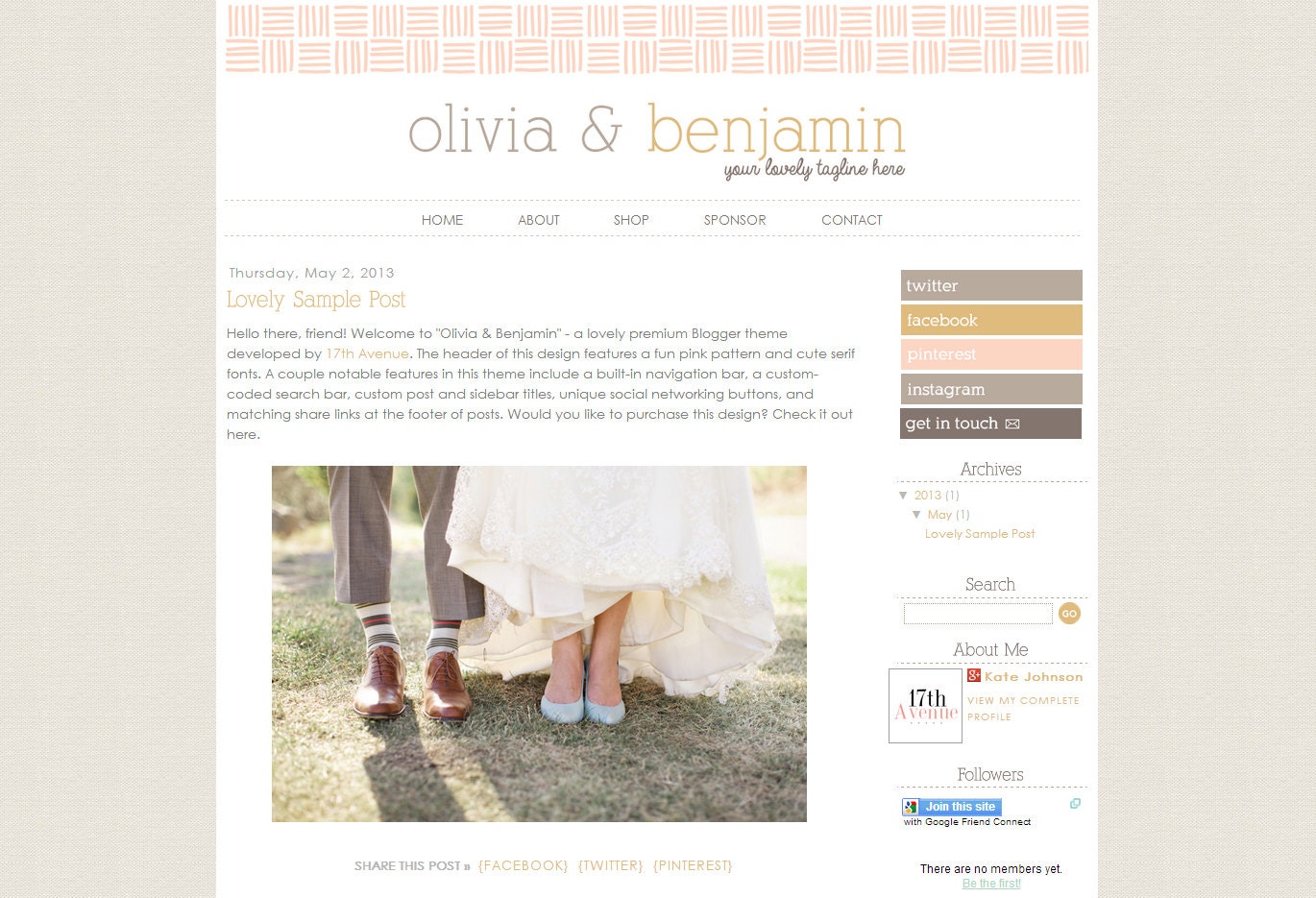 Blogger Premade Template Design: "Olivia & Benjamin" Instant Digital Download