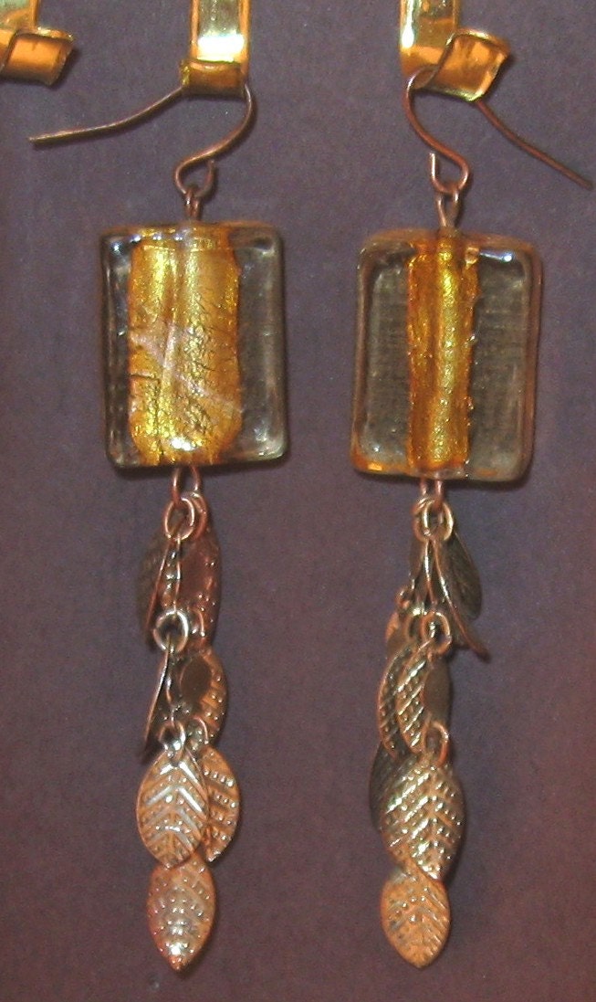 Vintage Gold Foil Lampwork Venetian Murano Glass Earrings Cascading Leaves