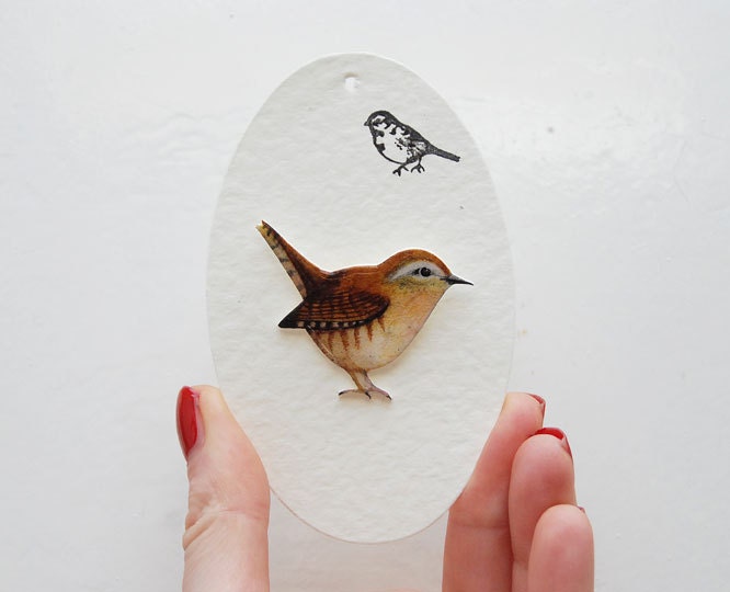 Hand- drawn Wren, bird brooch.