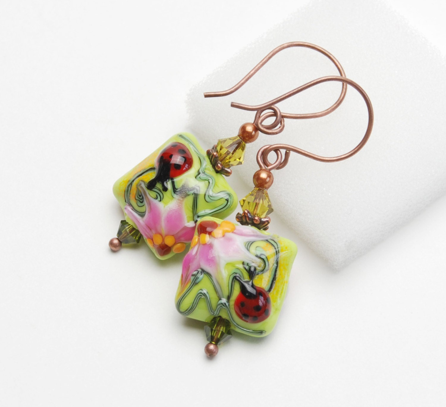 Lime Green and Pink Lampwork Glass Earrings with Ladybug and Crystal Accents on Antique Copper - Handmade Lampwork Jewelry