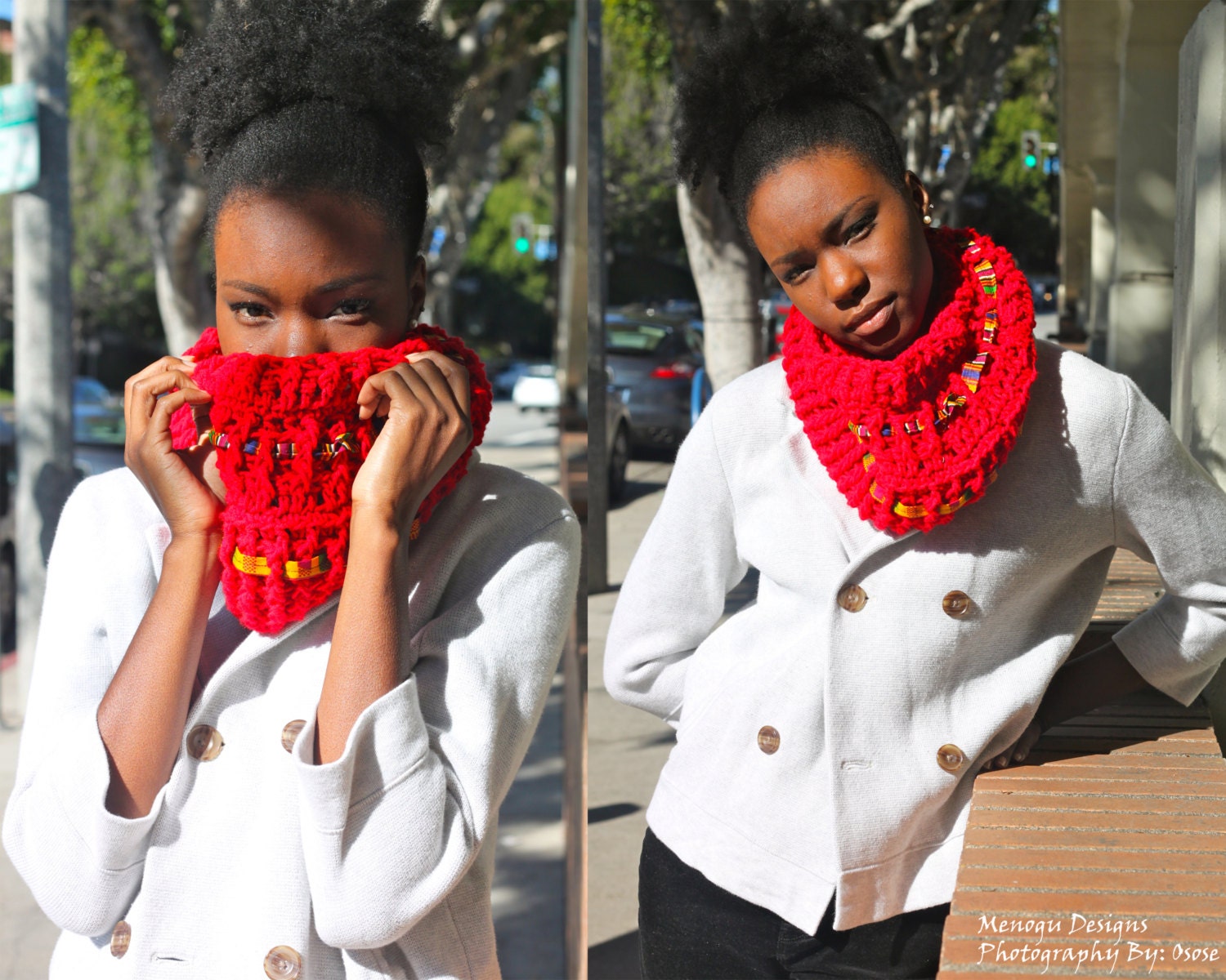 Red Crochet Kente Cowl Neck Scarf
