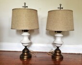 Pair of Tall Elegant Vintage Lamps / Ivory Ceramic and Brass Hollywood Regency Lighting Decor 