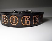 16" x 1 1/2" wide Black With Tan Letters- Leather Dog Collar Personalized ID & Pet Name