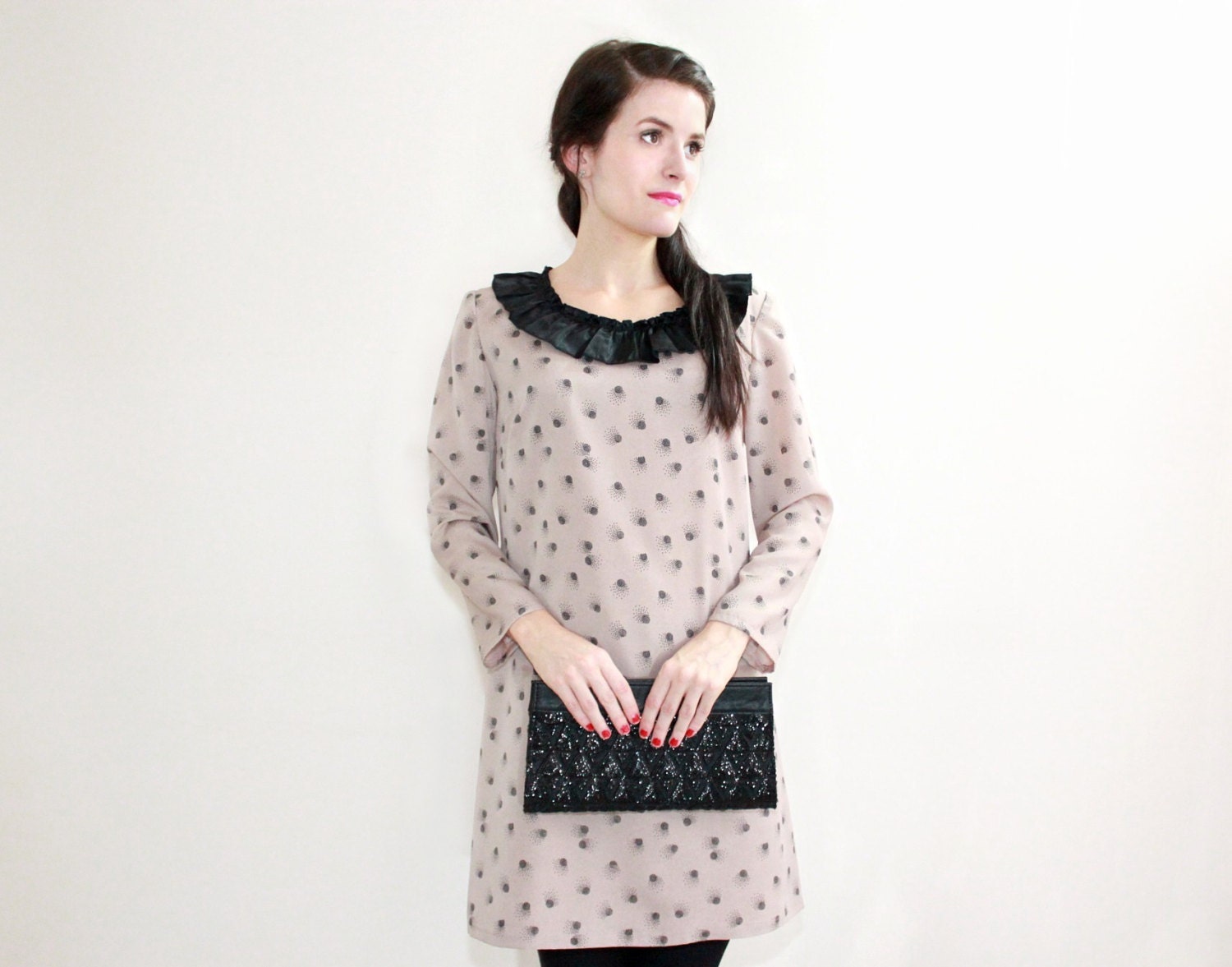 PETITES - MEDIUM Dusty Pink Long Sleeved Shift with Neck Ruffle