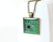 Nerdy Necklace - Green Necklace - Circuit Board Necklace - Computer Jewelry - Geekery Necklace - Upcycled Geometric Necklace - HardResols