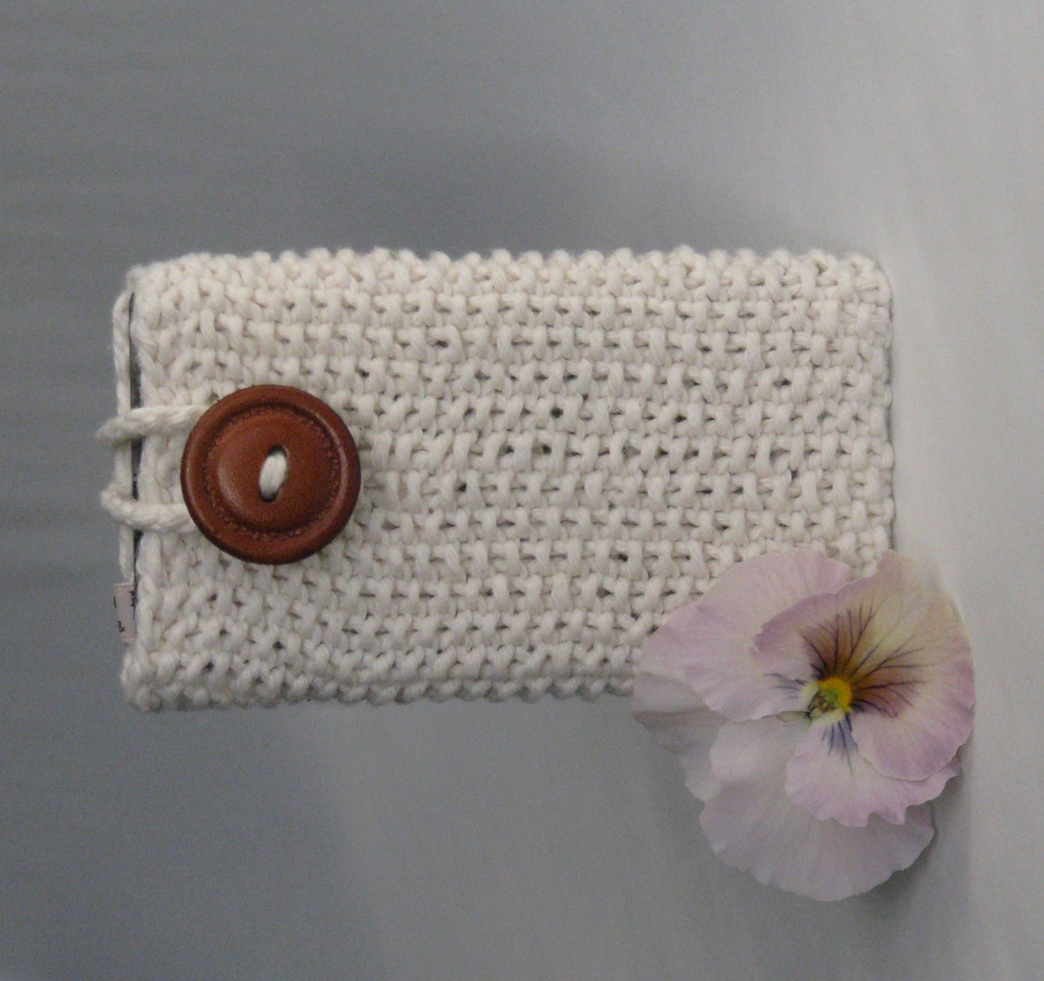 Knitted Cell Phone iPhone Case White Cotton Vintage Leather Button