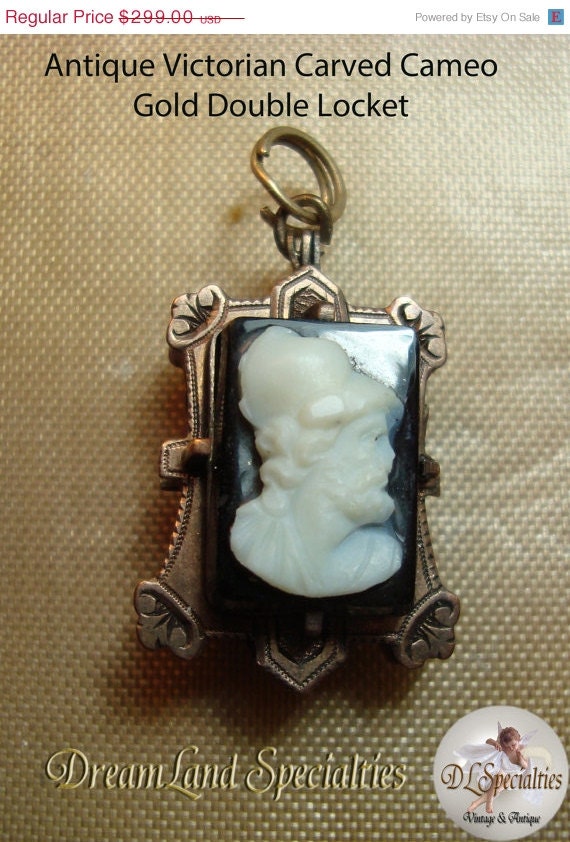 Antique Jewelry Carved Double Locket Gold Onyx Shell Cameo