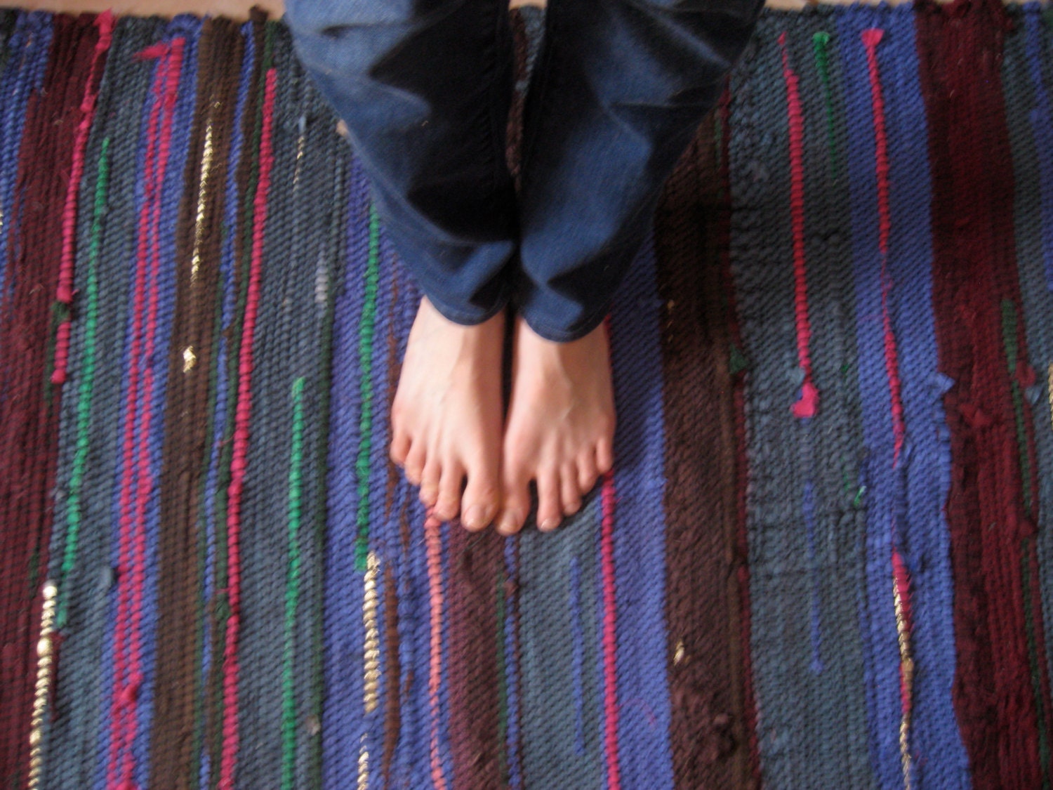 Rag rug wall hanging rectangular green blue gold brown maroon dark pink 2.5'x4.5' upcycled hand woven black fringe