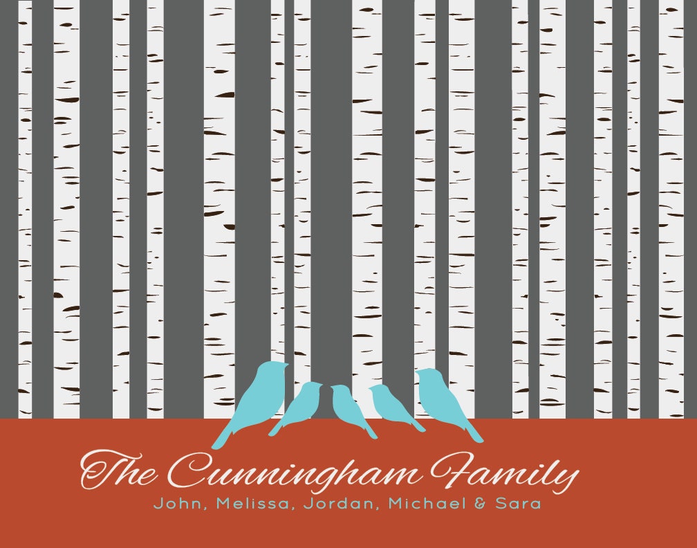 Family Prints Personalized Name Birch Tree Flock of Birds Home Decor Wall Art - 14 x 11 Gray Burnt Sky Blue Birds Housewarming Gift