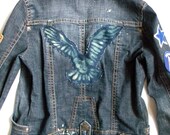 TUCK Flying Bird Dark Blue Denim Upcycled Jacket with Patches & bleach splatters - Size M One-of-a-Kind