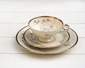Vintage 1940s Tea Cup and Saucer Trio Set Botanical Tree with Birds
