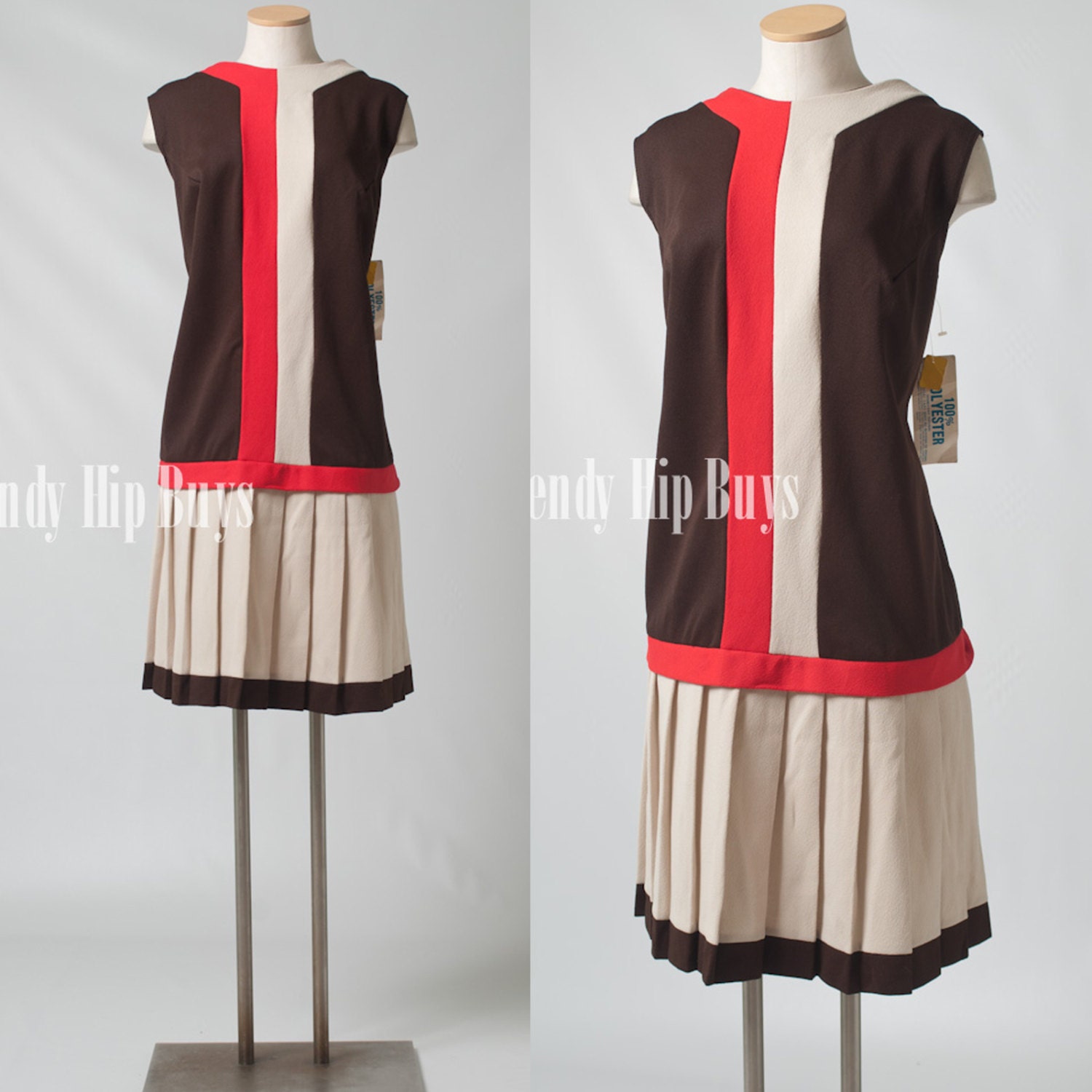 Vintage 60s MOD Space Age Brown Red Ivory color block dress - 1XL/2XL