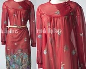 Vintage 70s sheer marroon blue floral day dress - XL/1XL
