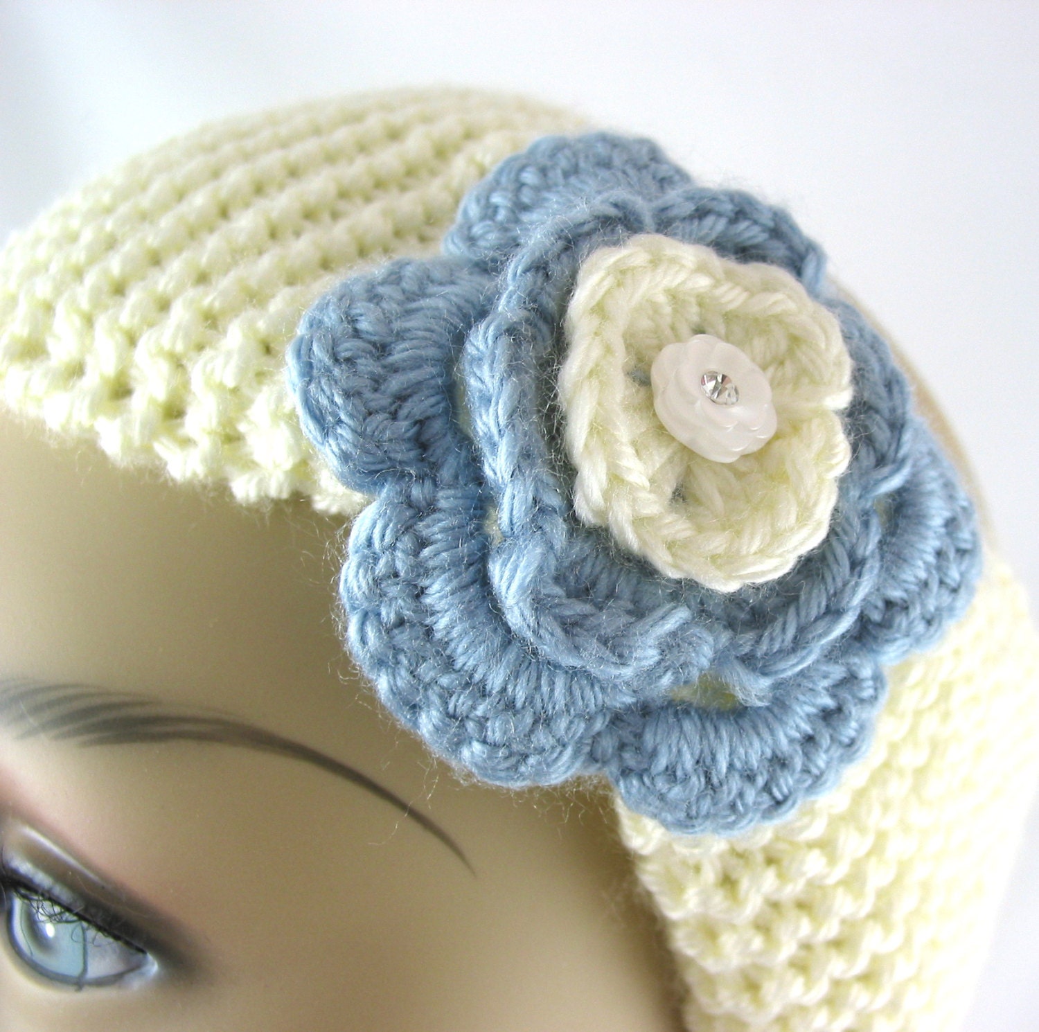 Hand Knit womens Ear Warmer Bow Lt Country Blue headband extra soft