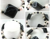 Handmade Black Agate Amethyst Pearl Spacer Beaded Memory Wire Bangle bracelet