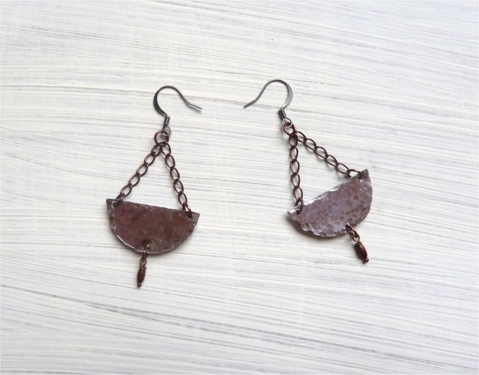 Geometric earrings - silvery half moon with antique copper chain and pearl - silvery earrings - comtemporanery jewelry