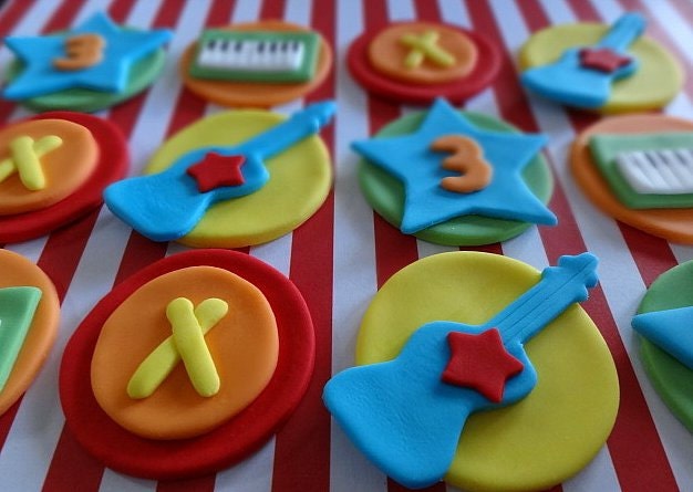 12 Fondant edible cupcake/cookie toppers - Rock Band toppers with customized age