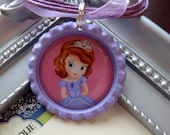 Five Princess Sofia Party Pack Ribbon Bottlecap Necklaces-Light Purple