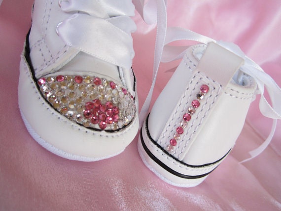 HEART & CROSS COMBO Baby Girl Converse White Leather Christening Wedding Baptismal Swarovski Infant Crib Shoe Size 1, 2 , 3 , 4