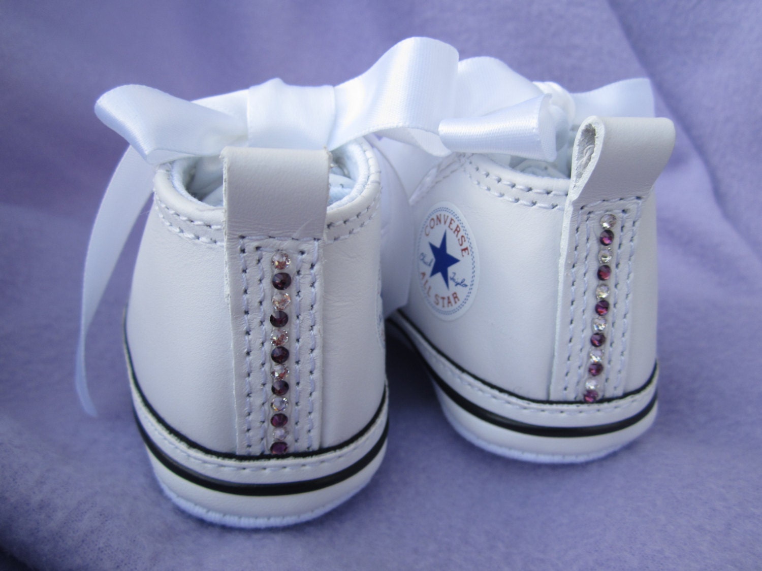 HEART & CROSS COMBO Baby Girl Converse White Leather Christening Wedding Baptismal Swarovski Infant Crib Shoe Size 1, 2 , 3 , 4