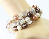 Vintage Glass, Mother of Pearl, Crystal Bracelet, Cocktail Jewelry, Bridal Jewelry, Chocolate/Copper/Cream Faux Pearls,14K Gold Plated