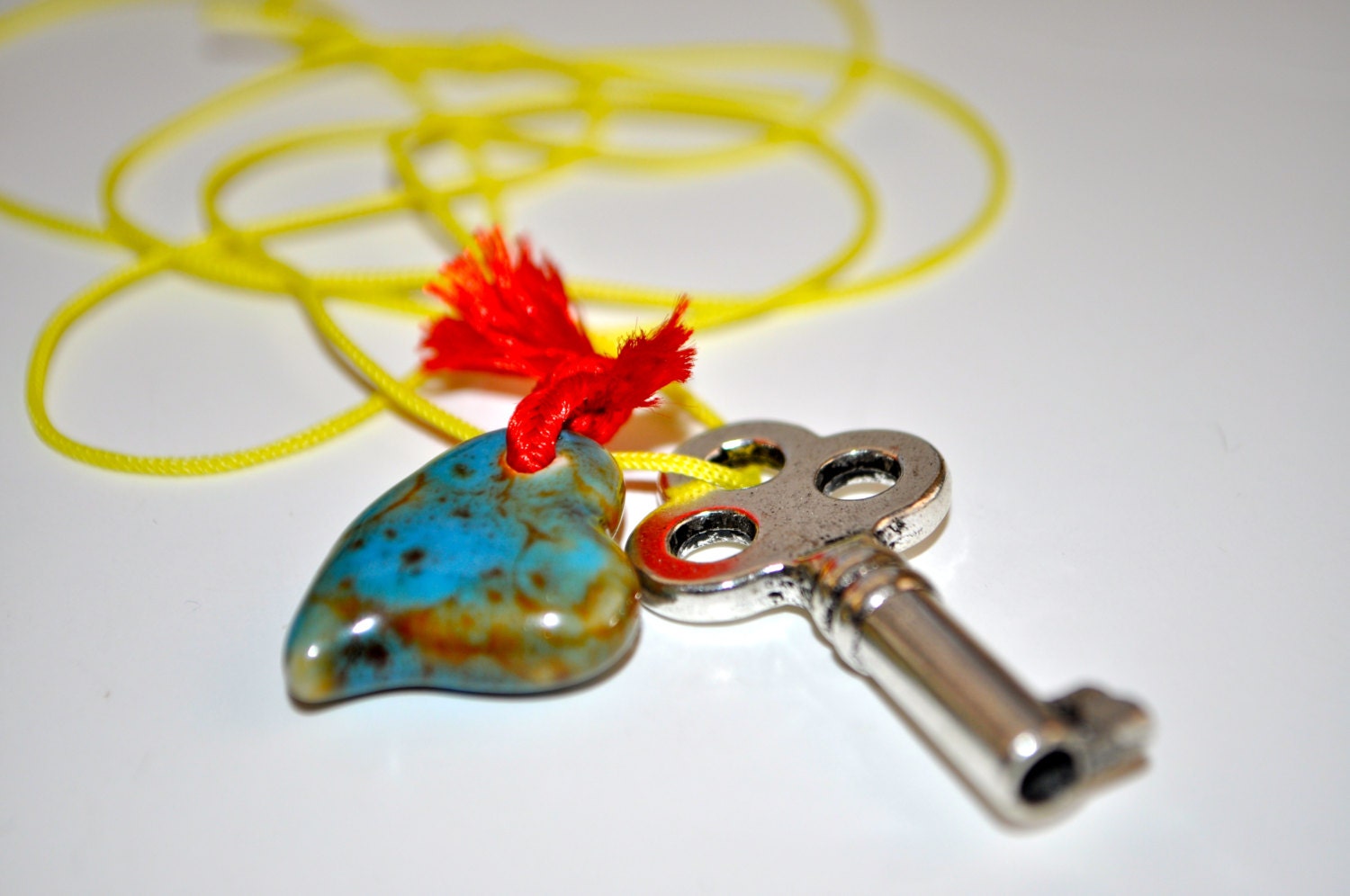 vintage style key necklace- ceramic heart necklace- found objects necklace-long necklace-vintage style key-gift for her