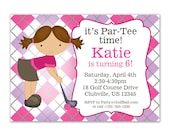 Golf Invitation - Purple and Pink Argyle Plaid with Cute Girl Golfer Personalized Birthday Party Invite - a Digital Printable File