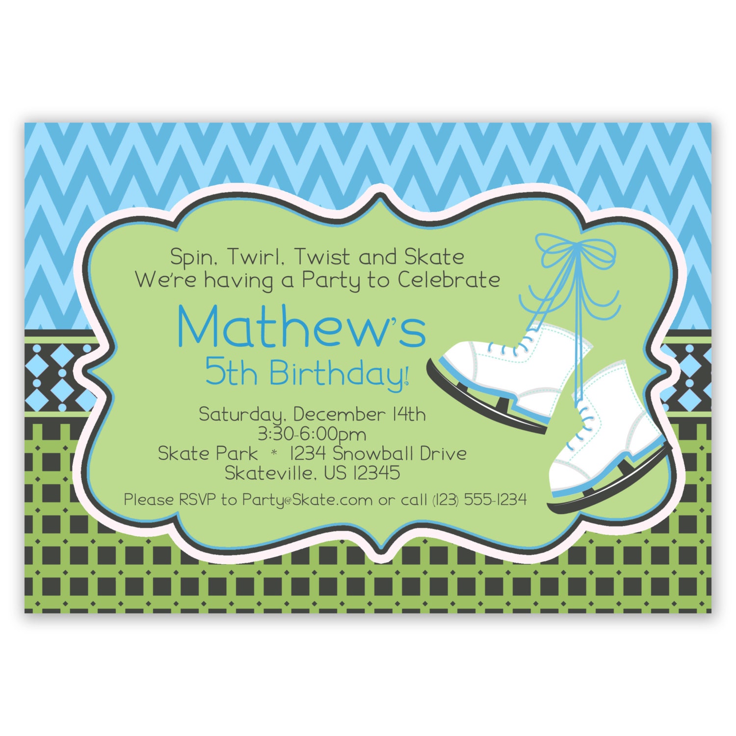 Ice Skating Invitation - Blue Chevron, Green Squares, and Cute Boys Ice Skates Personalized Birthday Party Invite - a Digital Printable File