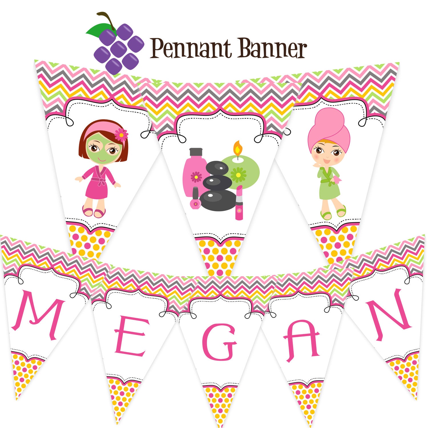 Spa Party Pennant Banner - Pink Orange Chevron and Polka Dots, Cute Spa Girls Personalized Birthday Party Banner - A Digital Printable File