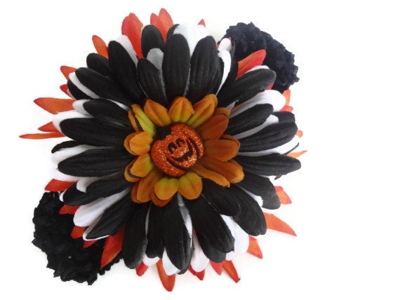 Halloween Flower Headband with Gliter Jack o lantern Detail