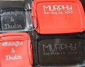 4 Pc. Personalized Bakeware Set: TWO Custom Etched Pyrex Baking Dishes WITH Vinyl Names on Both Lids (8x8 option)