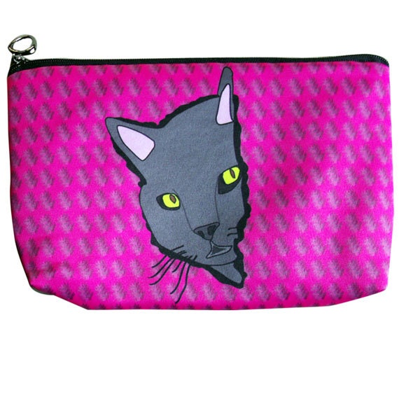 Curious Gray Kitty Pink Make Up Cosmetics Bag