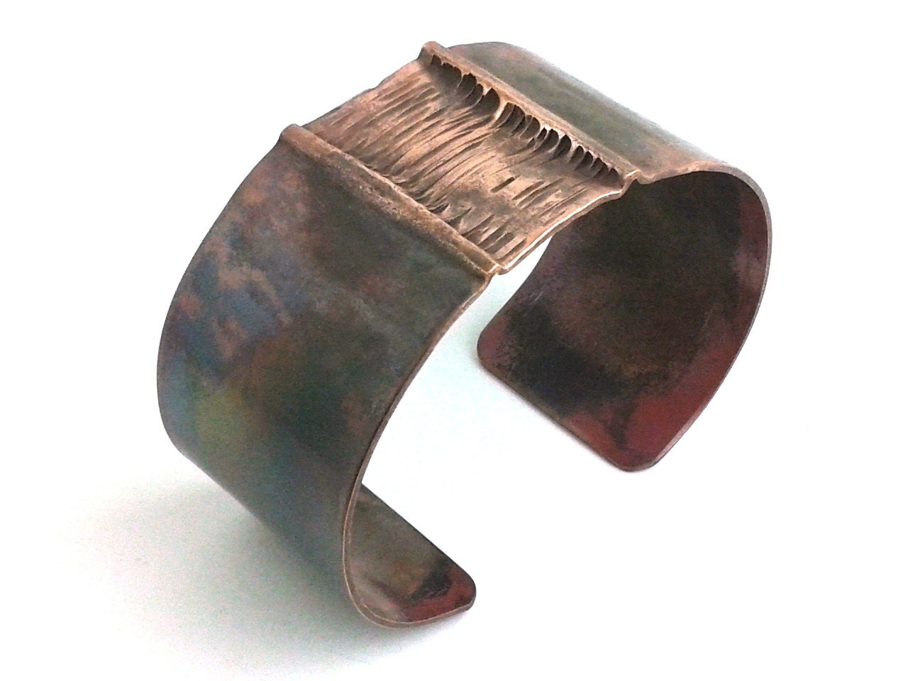 Copper Bracelet Cuff Fold Formed - Organic Masculine Earthy Heat Patina Iridescent Snakeskin Rustic Gothic Steampunk Renaissance Medieval