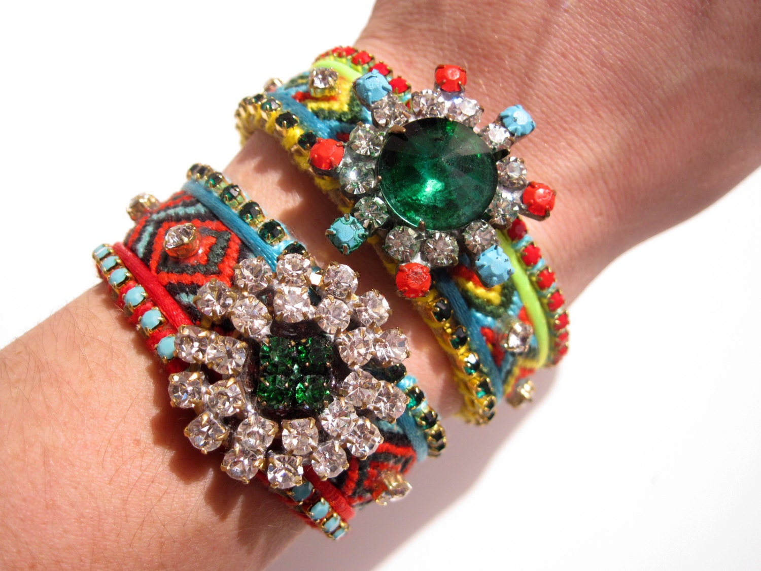 Neon friendship bracelet cuff - friendship cuff, rhinestone friendship bracelet, boho friendship cuff