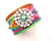 Neon friendship bracelet cuff - friendship cuff, rhinestone friendship bracelet, boho friendship cuff