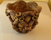 Vintage Chalkware Flower Pot Planter with Yellow Flowers and Rope Pattern Mid Century