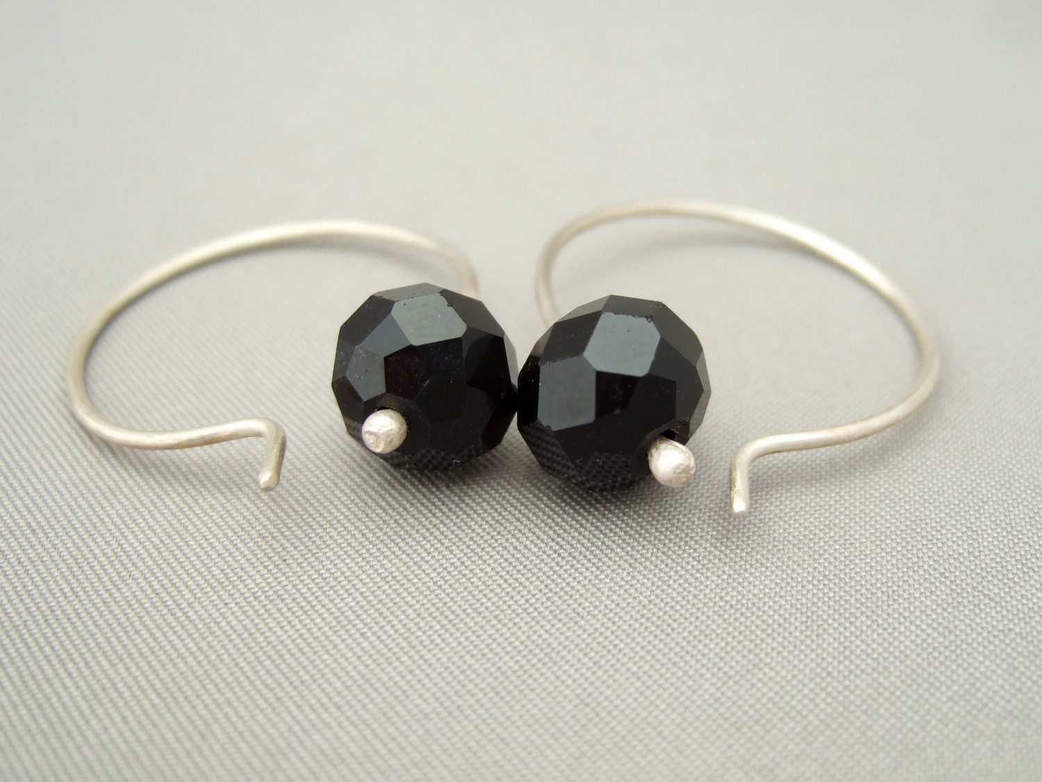 Black Opaque Czech Glass Sterling Silver Modern Contemporary Hoop Earrings