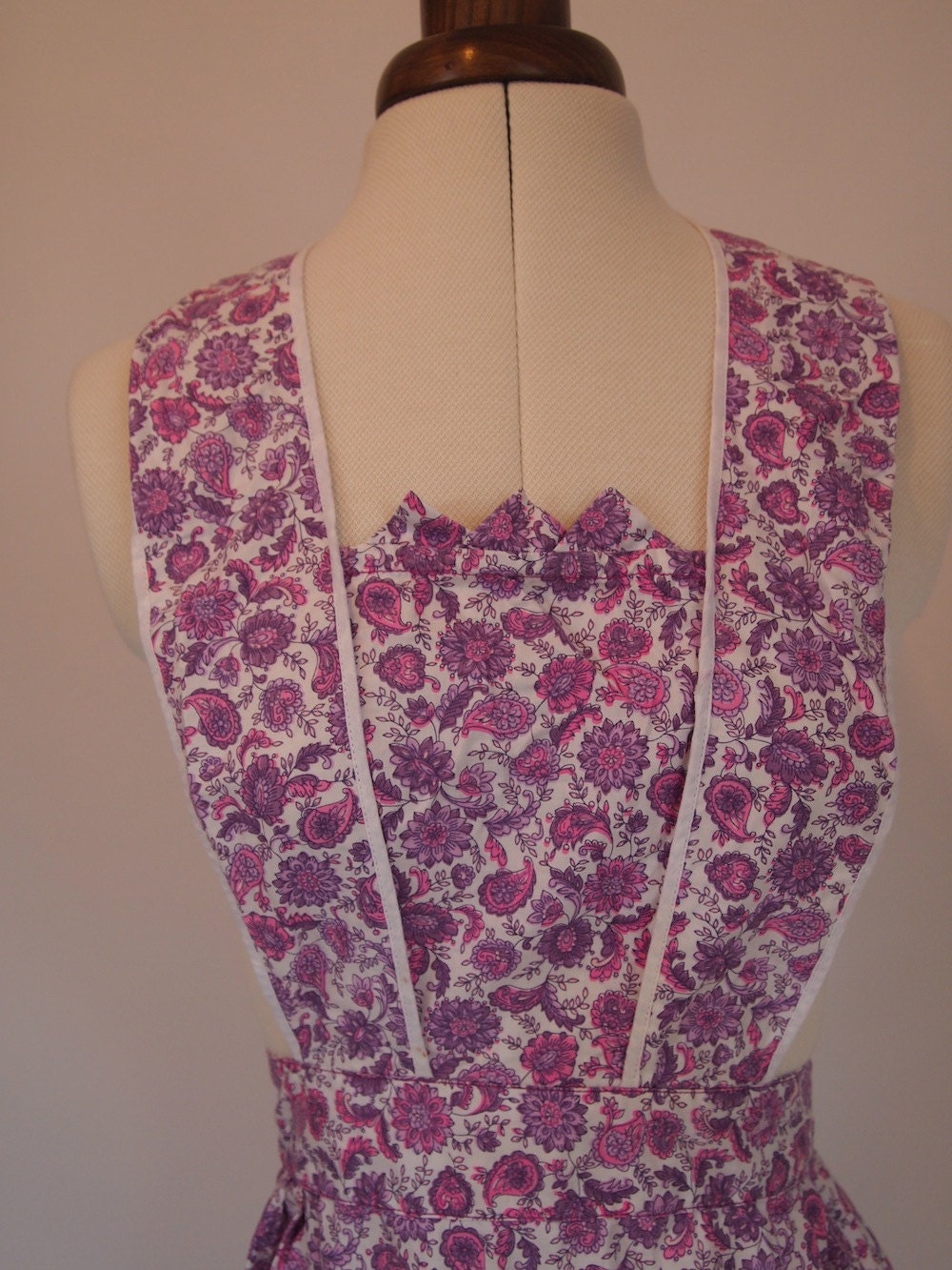 Vintage 1970s full length maxi apron in pink and purple paisley and floral pattern design