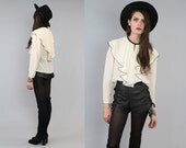 Vtg 80s White Minimalist Sheer Draped Ascot Secretary Blouse Shirt Top S- M
