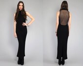 Vtg 90s Black Cable Knit Mesh Goth Vamp Bandage Maxi Dress S-M