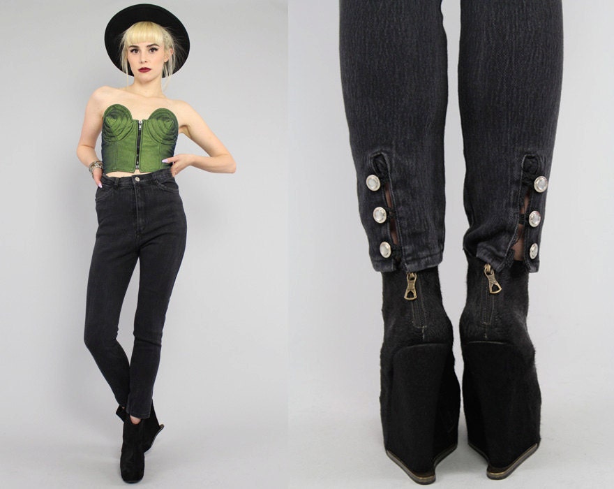 Vtg 80s 90s Black Grey Acid Wash High Waist Denim Jeans Pants S-M