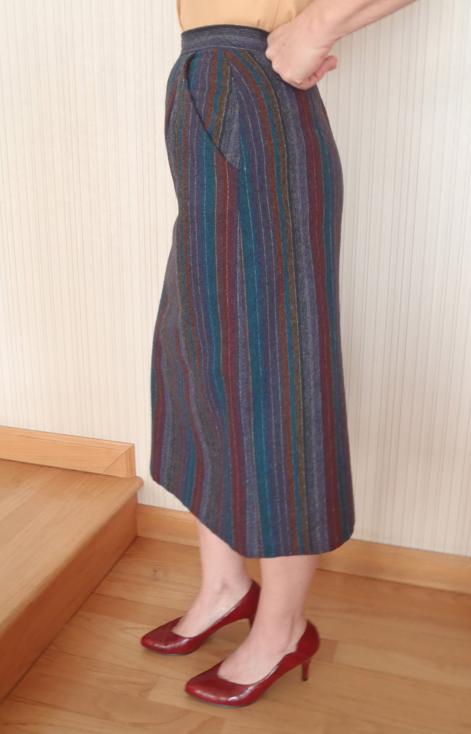 Pencil Skirt Wool Blend/ Teal Gold Red Stripes/ Mad Med Style / Vintage Clothing by Feisty Farmers Wife