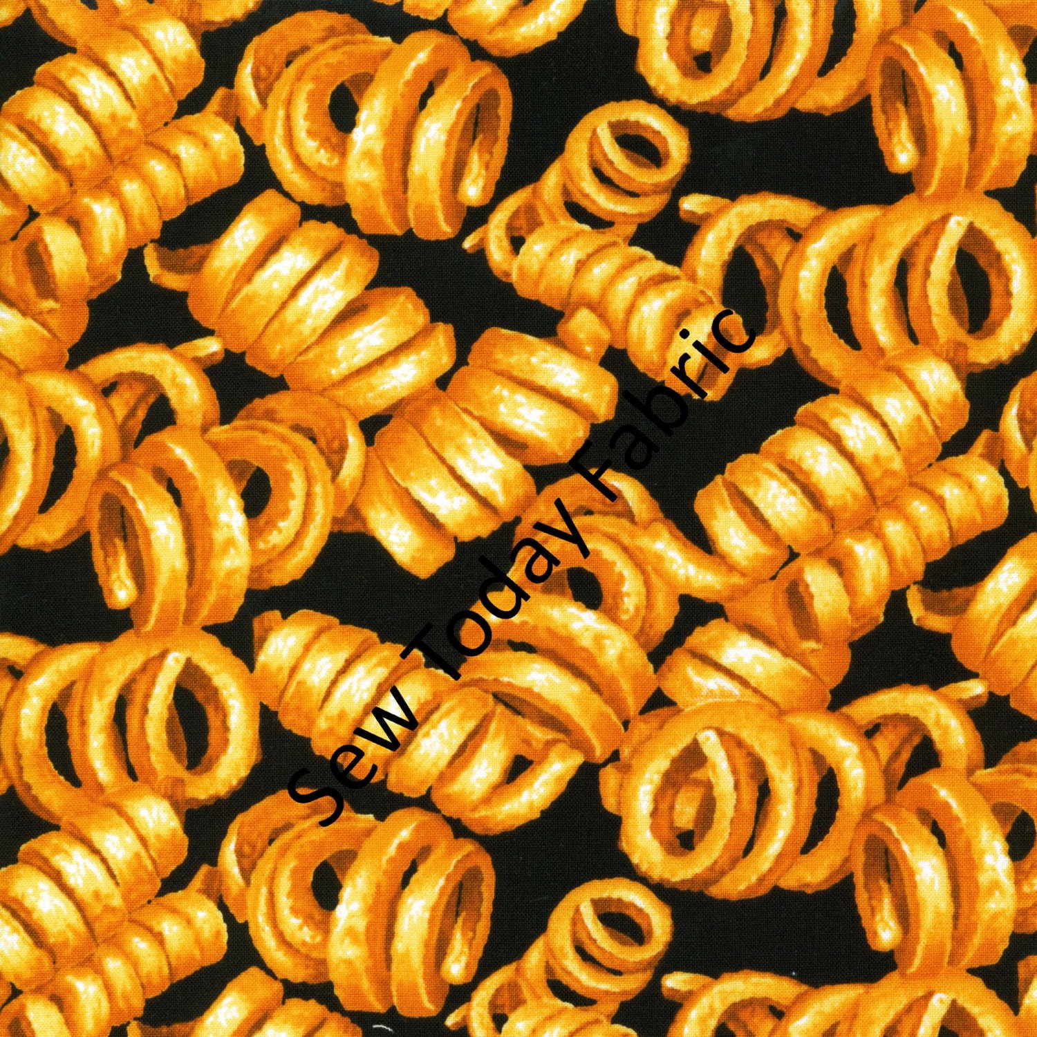 Curly Fries on Black - Timeless Treasures GM-C7095-GOLD (sold by the 1/2 yard)