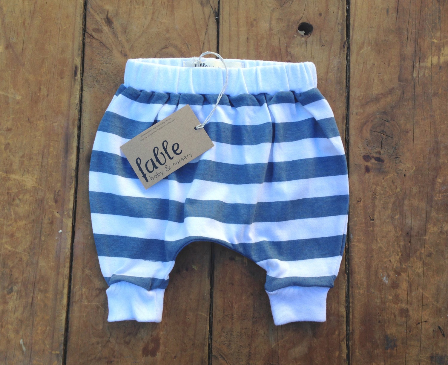 Lightweight Hand Printed Organic Cotton Baby Slouch Pants - Blue Stripe on White