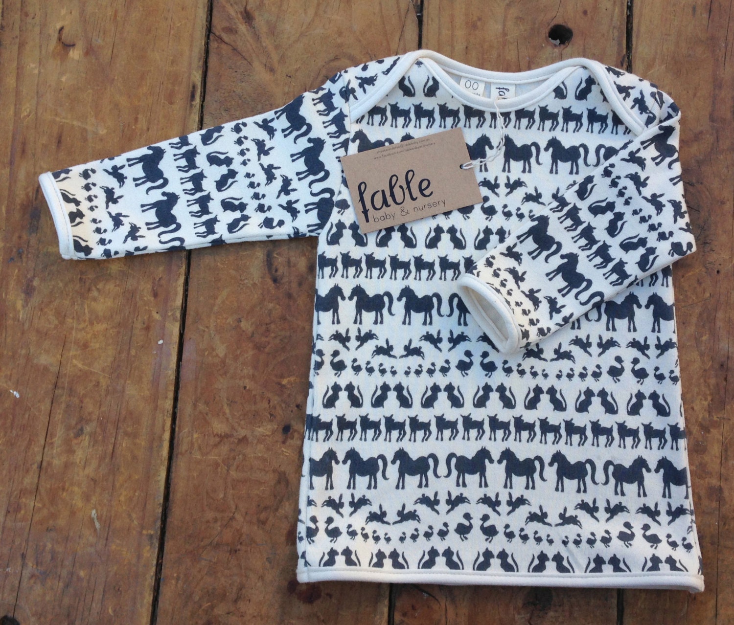 Organic Cotton Long Sleeve Top - Navy Animals on Cream